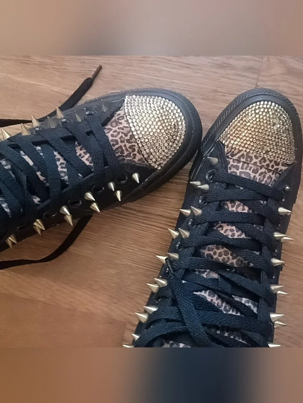 Converse Black High-Top Sneakers with Leopard Print and Gold Accents - Picture 2 of 16